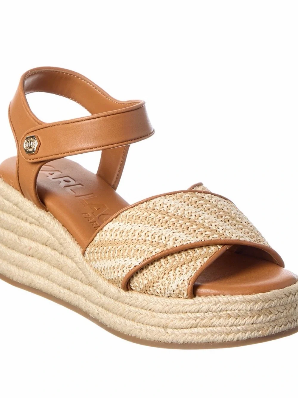 Karl Lagerfeld Tan Leather and Natural Woven Espadrille Wedge